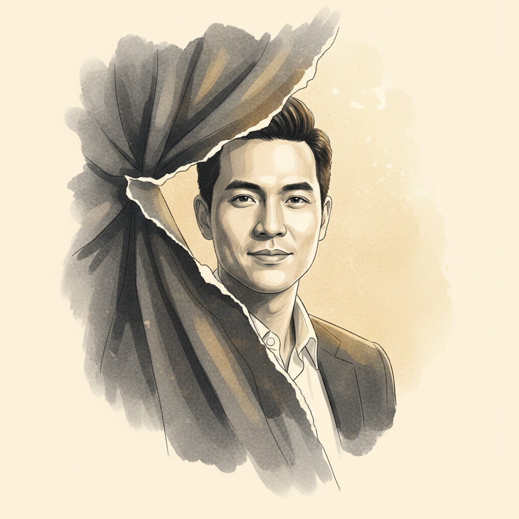 Minh họa phong cách tạp chí cho bài viết "Biến Mất Bí Ẩn Hơn 1 Năm Sau Khi Chia Tay Đàn Chị Hơn 14 Tuổi, Nam Diễn Viên Này Bất Ngờ Tái Xuất Khiến Cư Dân Mạng Xôn Xao!". Ảnh minh họa được tạo bằng AI