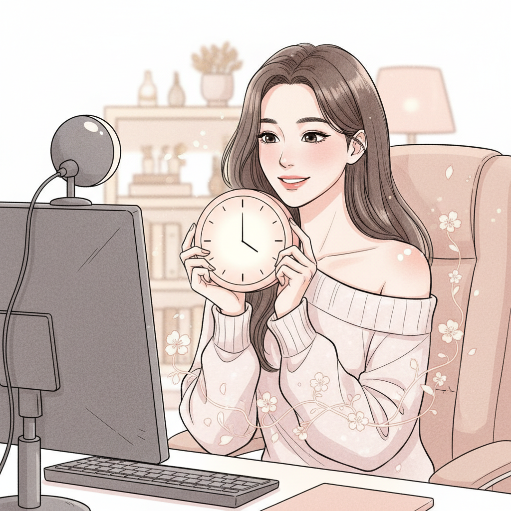 Minh họa phong cách tạp chí cho bài viết "Chaewon (LE SSERAFIM) Lặng Lẽ Chờ 30 Giây Trước Khi Livestream Vì Một Lý Do Khiến Cả Fandom Tan Chảy!". Ảnh minh họa được tạo bằng AI