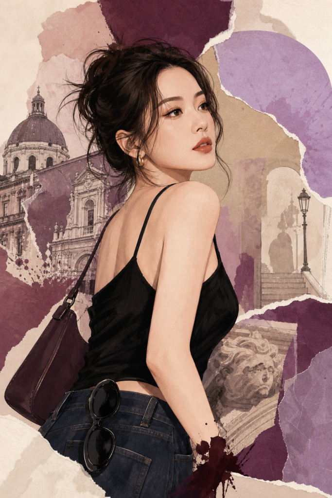 Một hình minh họa AI về Chi Pu đang dạo bước trên đường phố Pháp, diện áo camisole, quần jeans tối màu, kính râm và trang sức tinh tế.