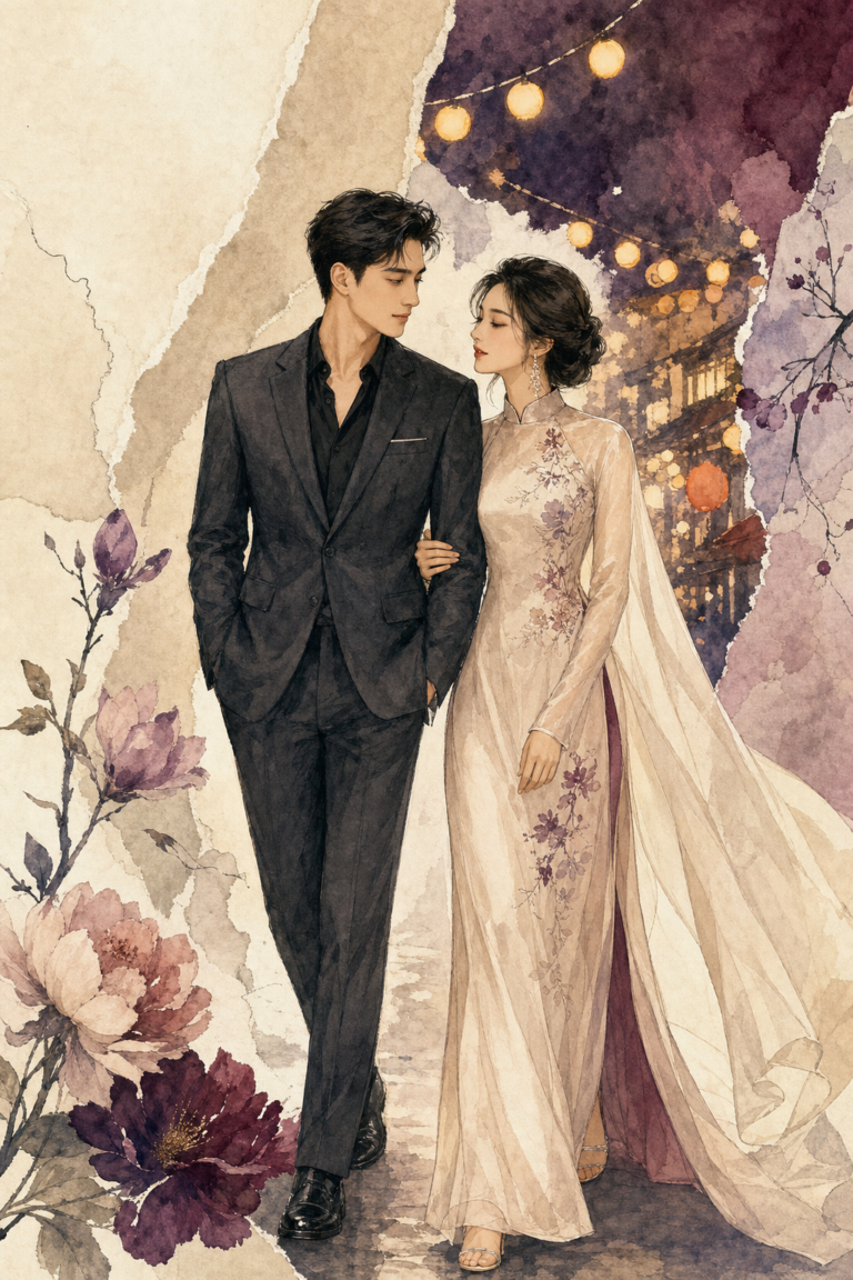 Minh họa phong cách tạp chí về một cặp đôi nghệ sĩ Việt trong dạ tiệc. Ảnh minh họa được tạo bằng AI