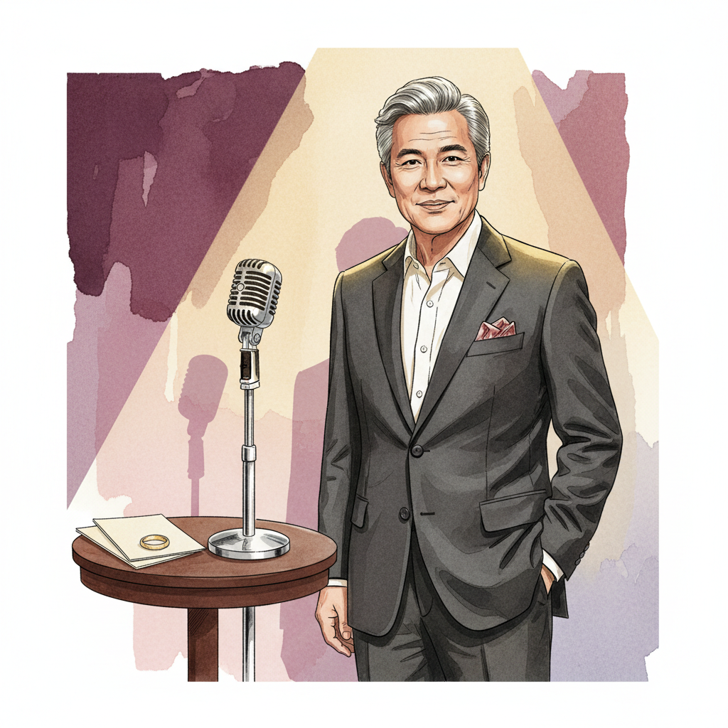 Minh họa phong cách tạp chí cho bài viết "Sốc: "Ông Hoàng Gameshow" Đài Loan Giấu Nhẹm Chuyện Ly Hôn Suốt 12 Năm – Đến Con Gái Cũng Phải Ra Tay Giúp Bố "Dọn Dẹp"!". Ảnh minh họa được tạo bằng AI