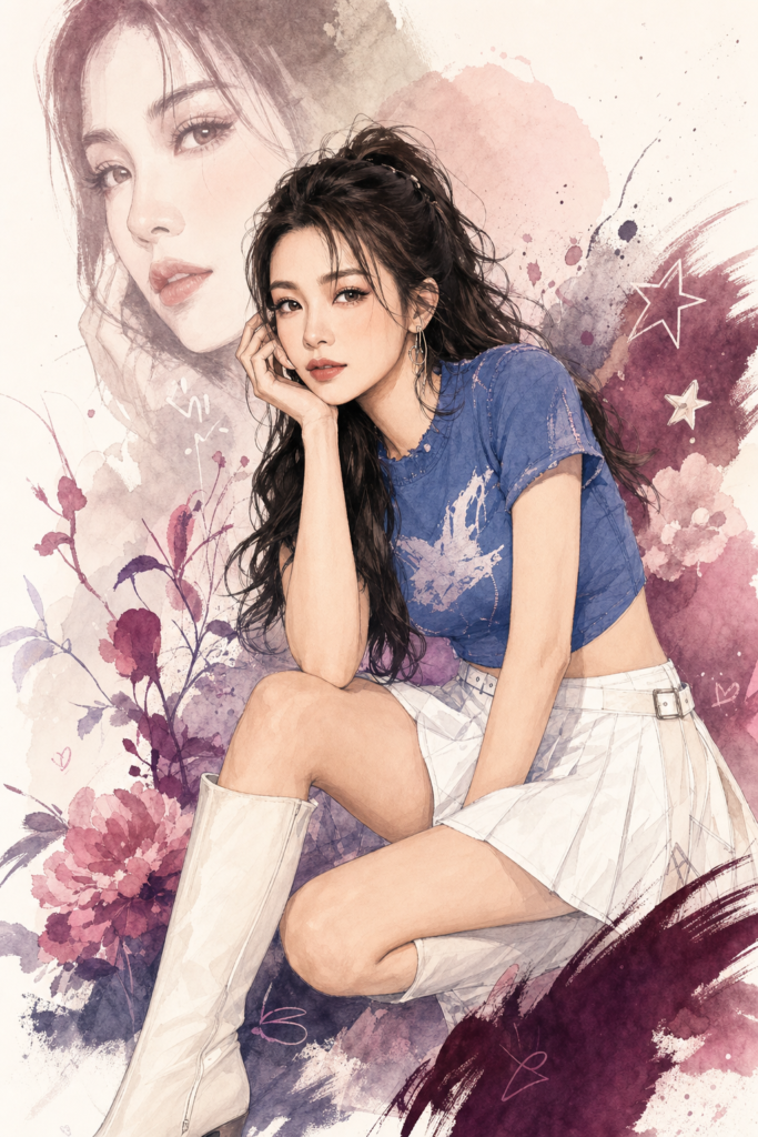 Minh họa AI về một người phụ nữ trẻ trung với áo crop top xanh, váy xếp ly trắng và bốt cao, tóc uốn gợn sóng nhẹ nhàng, trang điểm hồng và nơ cài tóc.