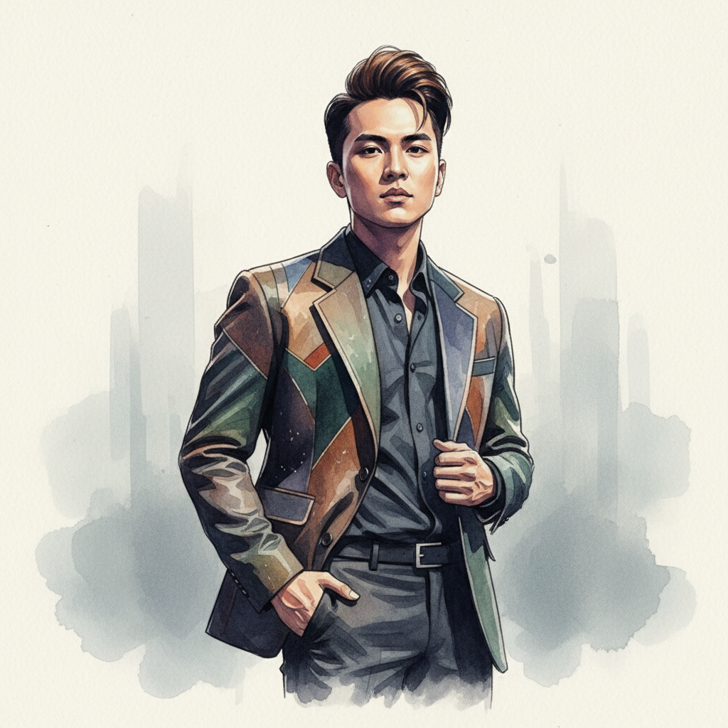 Minh họa phong cách tạp chí cho bài viết "Từ Cậu Bé Quê Lúa Thái Bình Đến Ông Hoàng V-Pop: Bí Mật Đằng Sau 3 Chữ Cái M-TP Mà Fan Ruột Cũng Chưa Chắc Biết!". Ảnh minh họa được tạo bằng AI