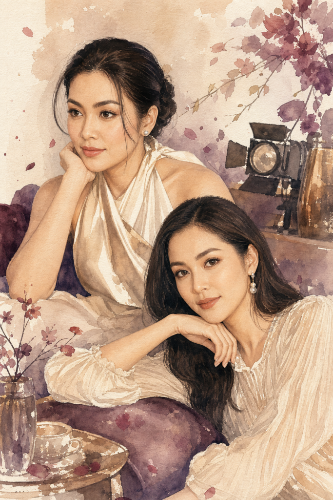 Minh họa AI về một cuộn phim cổ điển với hình ảnh lồng ghép của hai nữ diễn viên, biểu thị sự tham gia của họ trong một dự án điện ảnh.