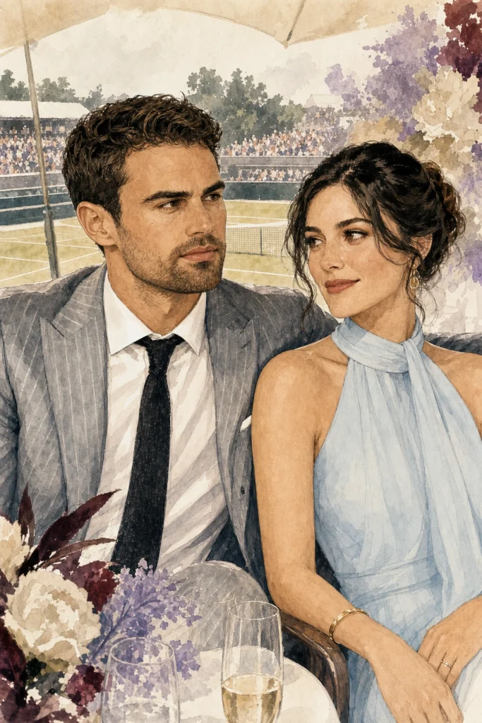 Minh họa phong cách tạp chí về Theo James và Ruth Kearney trong trang phục sự kiện thanh lịch.