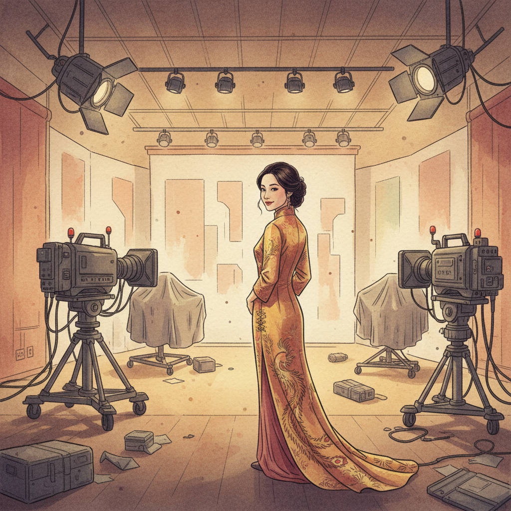 Minh họa phong cách tạp chí cho bài viết “Rời Nhà Đài Đã Gắn Bó 15 Năm, Lời Chia Tay Kèm Bộ Ảnh Của Nữ Diễn Viên Khiến Khán Giả Bồi Hồi!”. Ảnh minh họa được tạo bằng AI