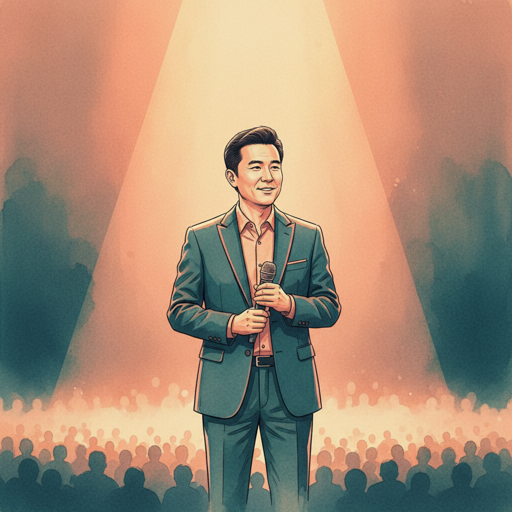 Minh họa phong cách tạp chí cho bài viết “Đang Diễn Giữa Sân Khấu Thì Thấy Tấm Bảng Của Fan, Anh Liền Làm Một Việc Rất Tình!”. Ảnh minh họa được tạo bằng AI
